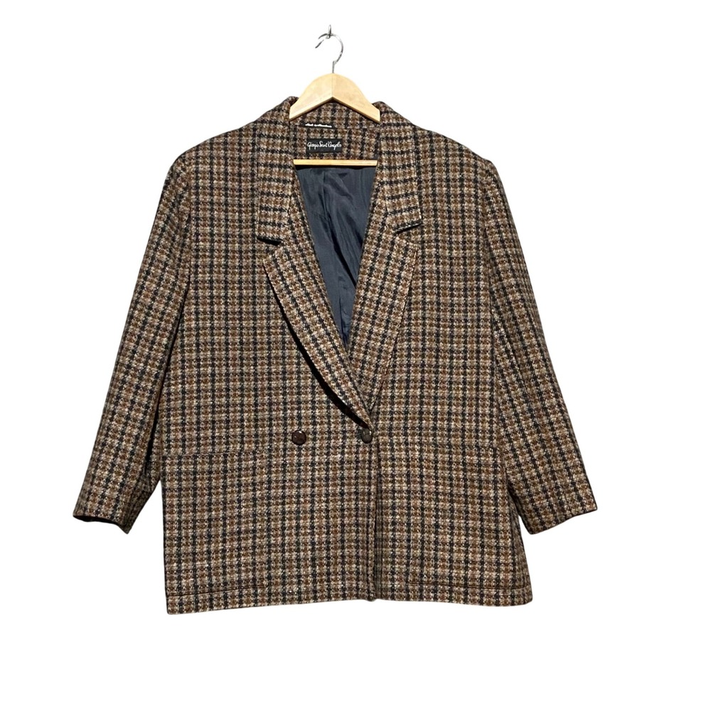 Giorgio Sant Angelo Vintage 100% Wool Plaid Double Breasted Blazer Brown Size 18